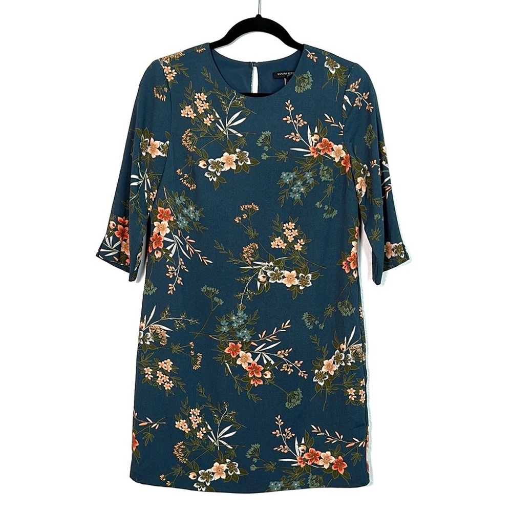 BANANA REPUBLIC Factory Blue Floral 3/4 Sleeve Shift Dress size 2